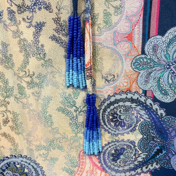 JOHNNY WAS JADE Women’s Size Small Blue Ombre Beaded Tassel Tie Print Tunic FLAW - Picture 2 of 8